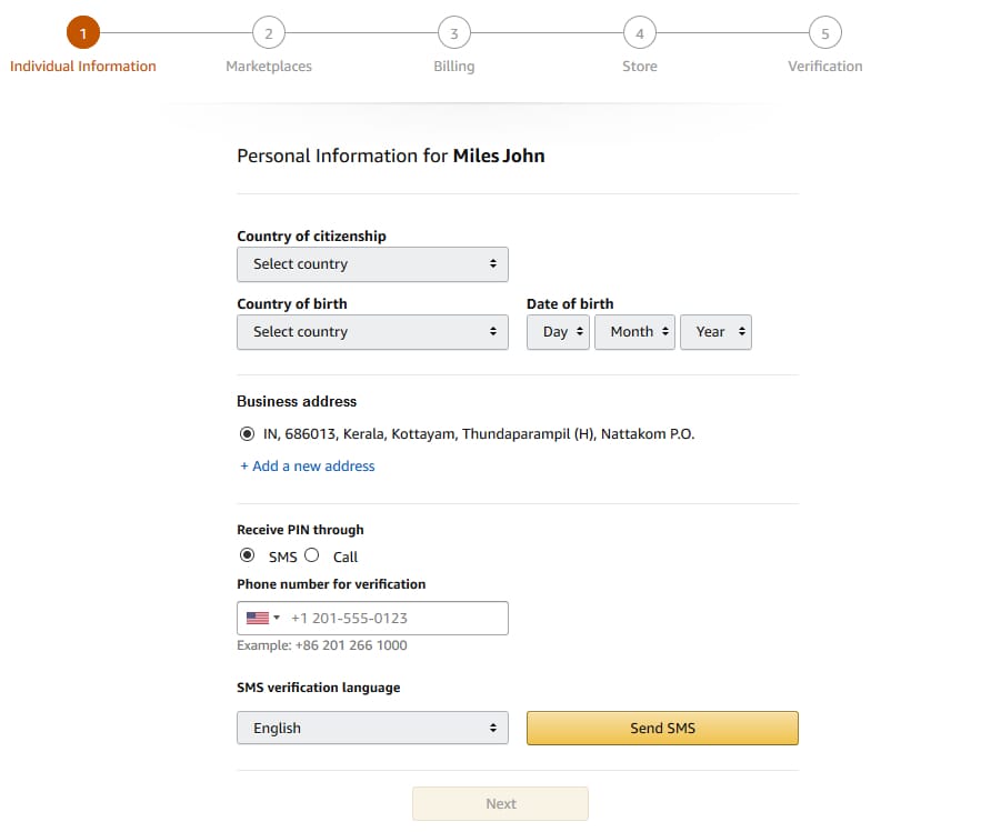 Amazon seller account login panel